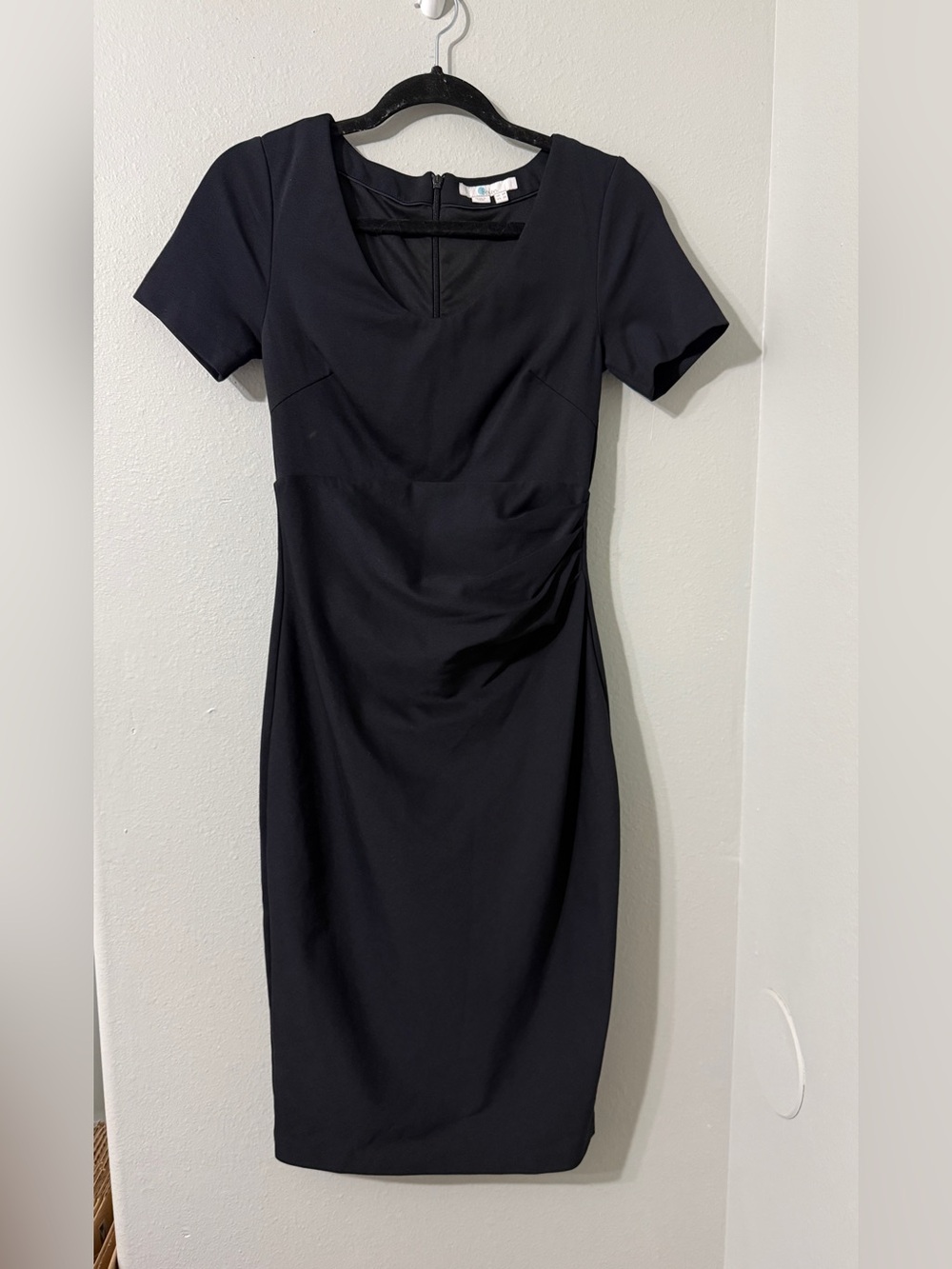 Boden Chic Black Short Sleeve Midi Tailored Sheath Dress Waist Ruched US 2R